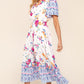 Haptics Printed Notched Short Sleeve Tiered Dress