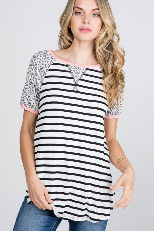 Lilly Leopard and stripes color block tee