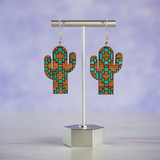Wooden Metallic Turquoise Hand Painted Aztec Cactus earrings