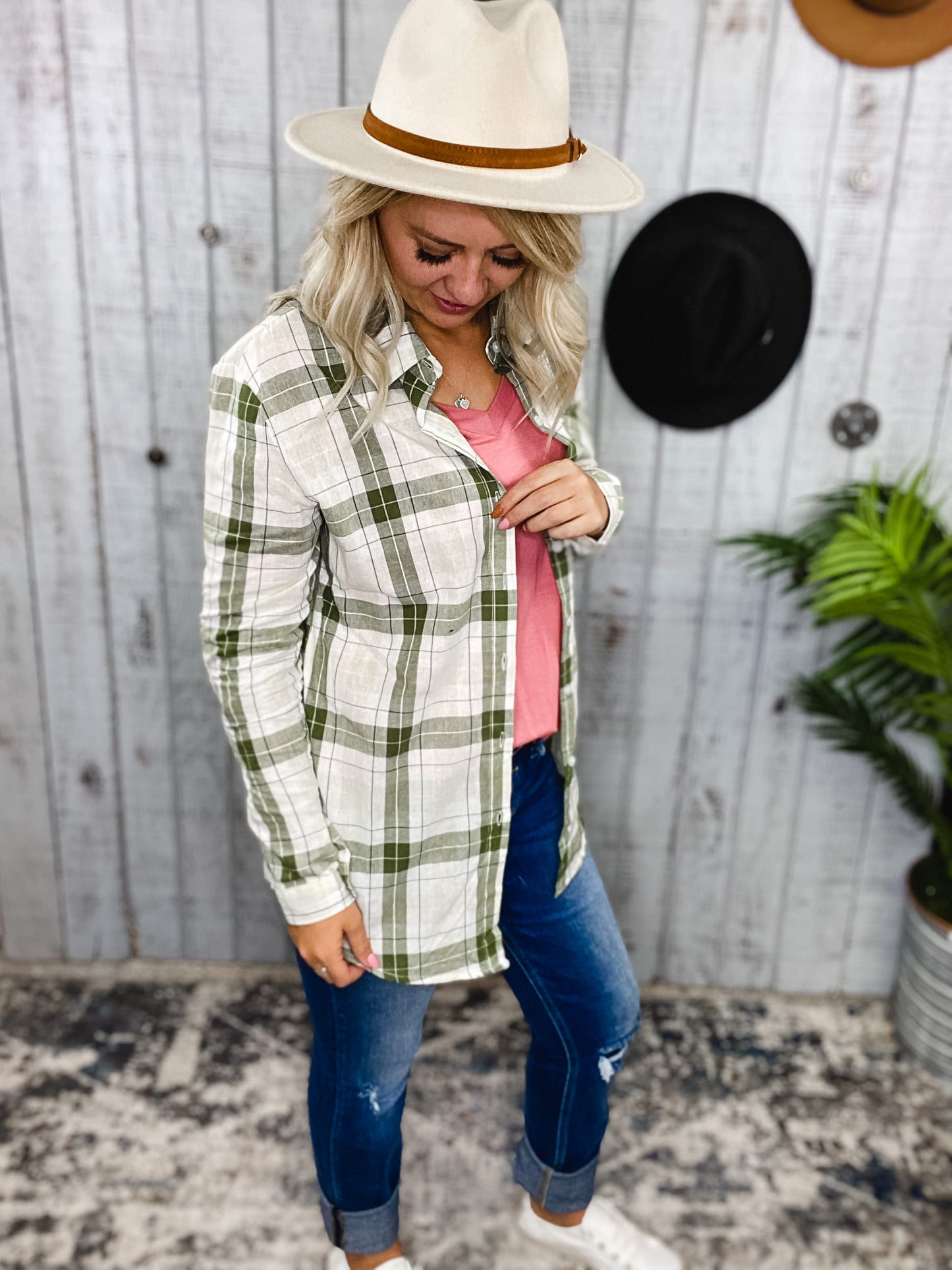 Olive and Cream Plaid Button Up