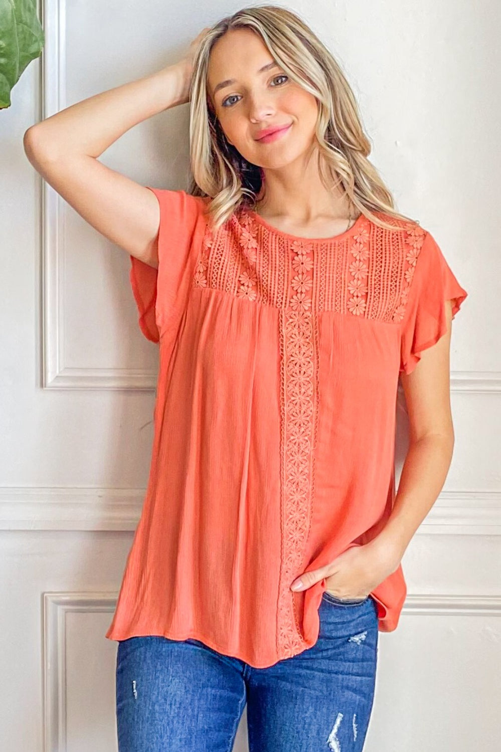 And The Why Lace Detail Ruffle Short Sleeve Blouse