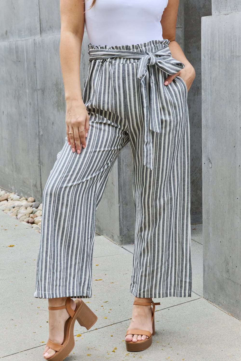 Find Your Path Full Size Paperbag Waist Striped Culotte Pants